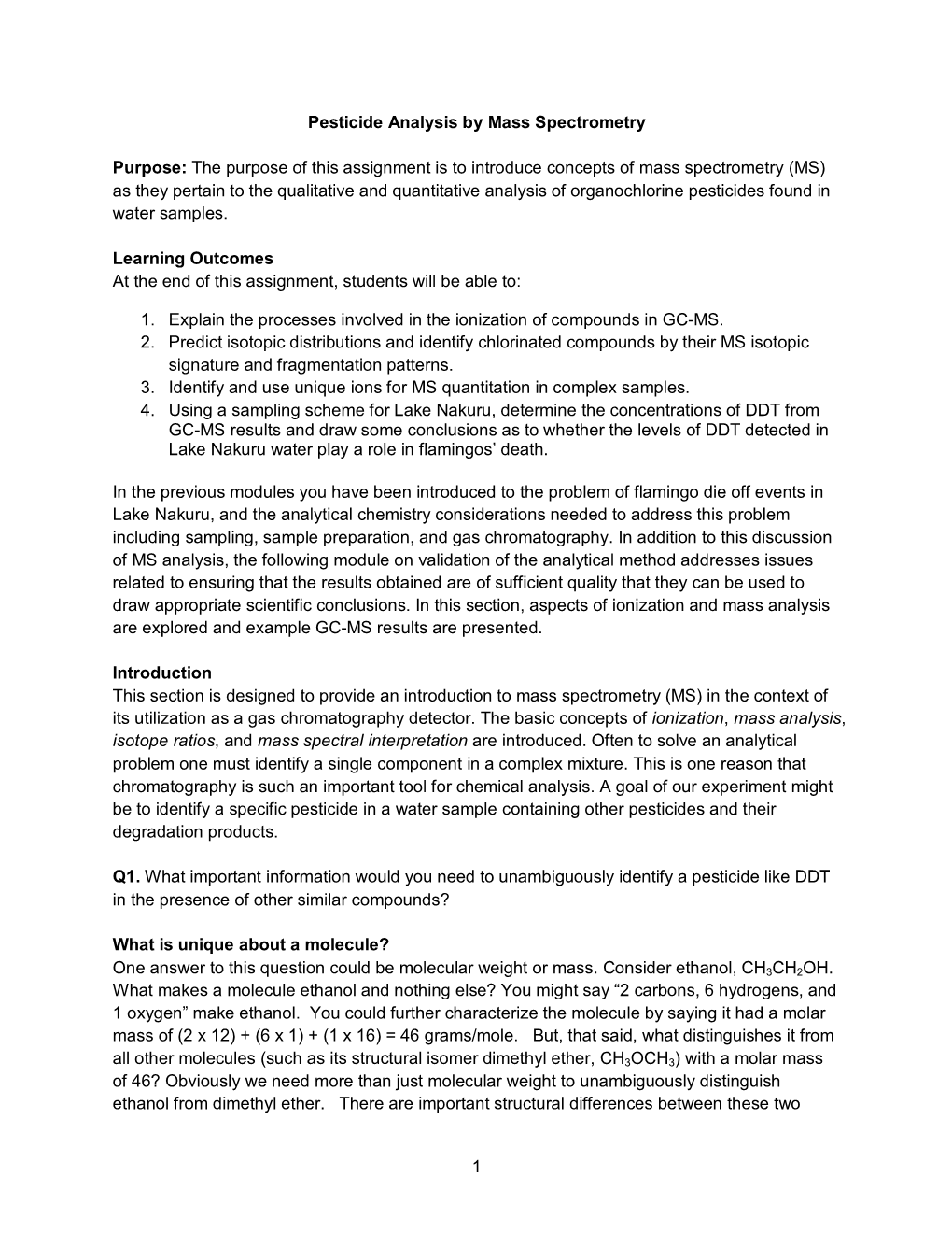 1 Pesticide Analysis by Mass Spectrometry Purpose