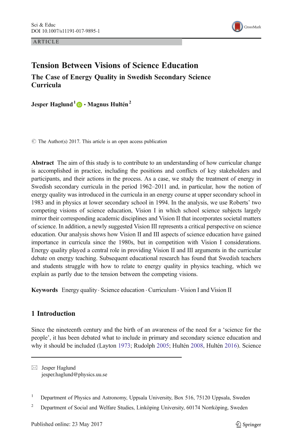 Tension Between Visions of Science Education the Case of Energy Quality in Swedish Secondary Science Curricula