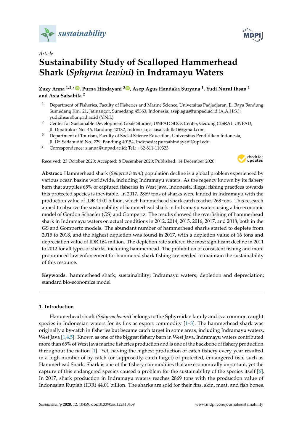 Sustainability Study of Scalloped Hammerhead Shark (Sphyrna Lewini) in Indramayu Waters