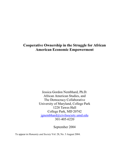 Cooperative Ownership in the Struggle for African American Economic Empowerment
