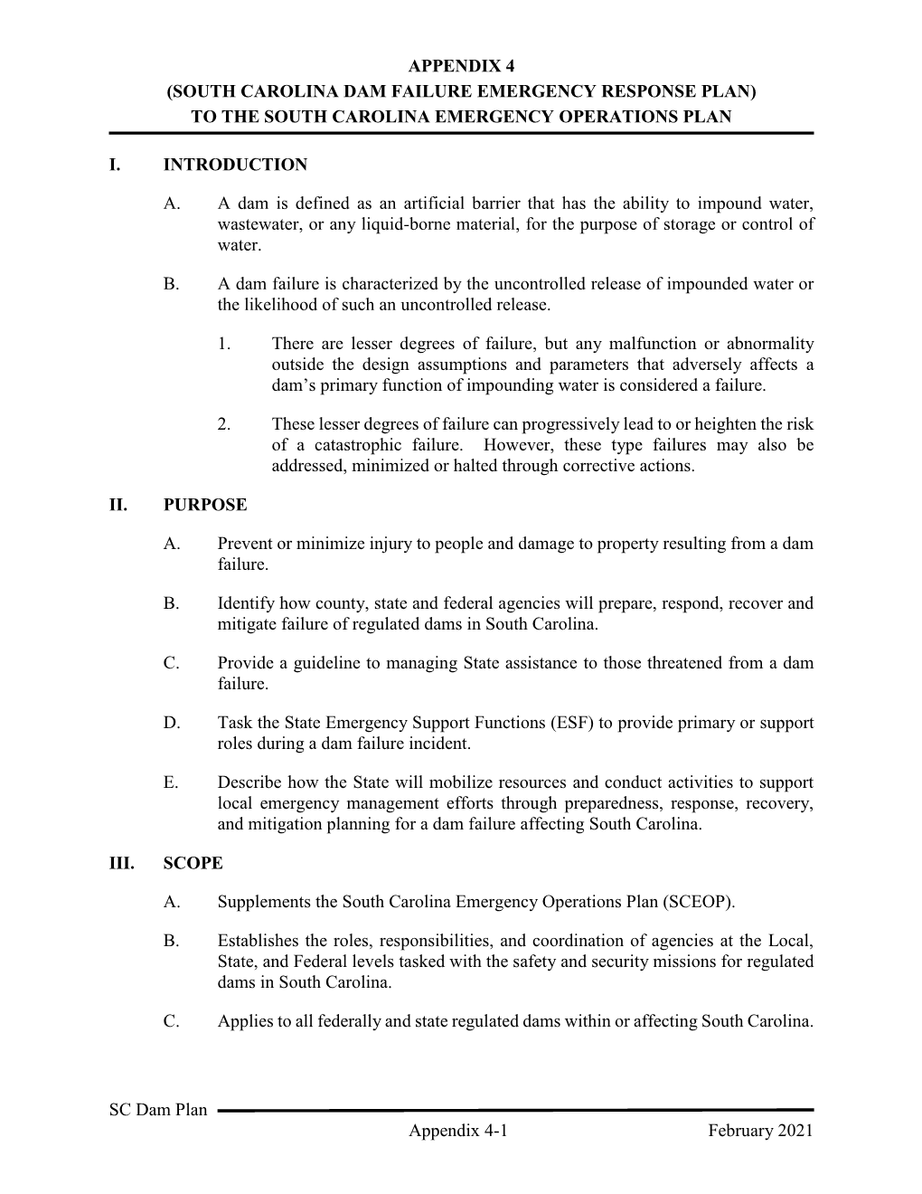 Appendix 4 (South Carolina Dam Failure Emergency Response Plan) to the South Carolina Emergency Operations Plan