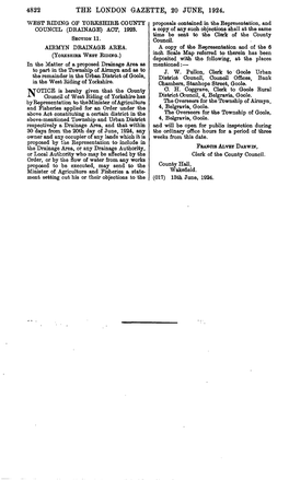 THE LONDON GAZETTE, 20 JUNE, 1924. WEST RIDING of YORKSHIRE COUNTY Proposals Contained Hi the Representation, and COUNCIL (DRAINAGE) ACT, 1923