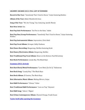 GRAMMY AWARDS 2013: FULL LIST of WINNERS Record of the Year