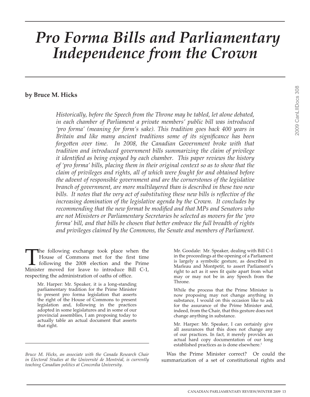 Pro Forma Bills and Parliamentary Independence from the Crown
