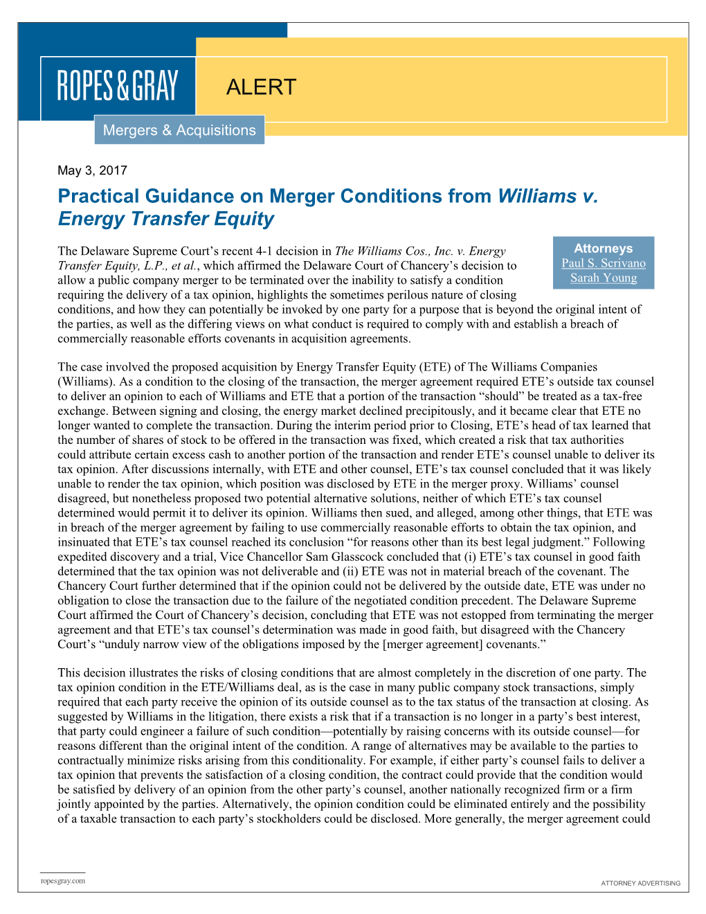 Practical Guidance on Merger Conditions from Williams V. Energy Transfer Equity