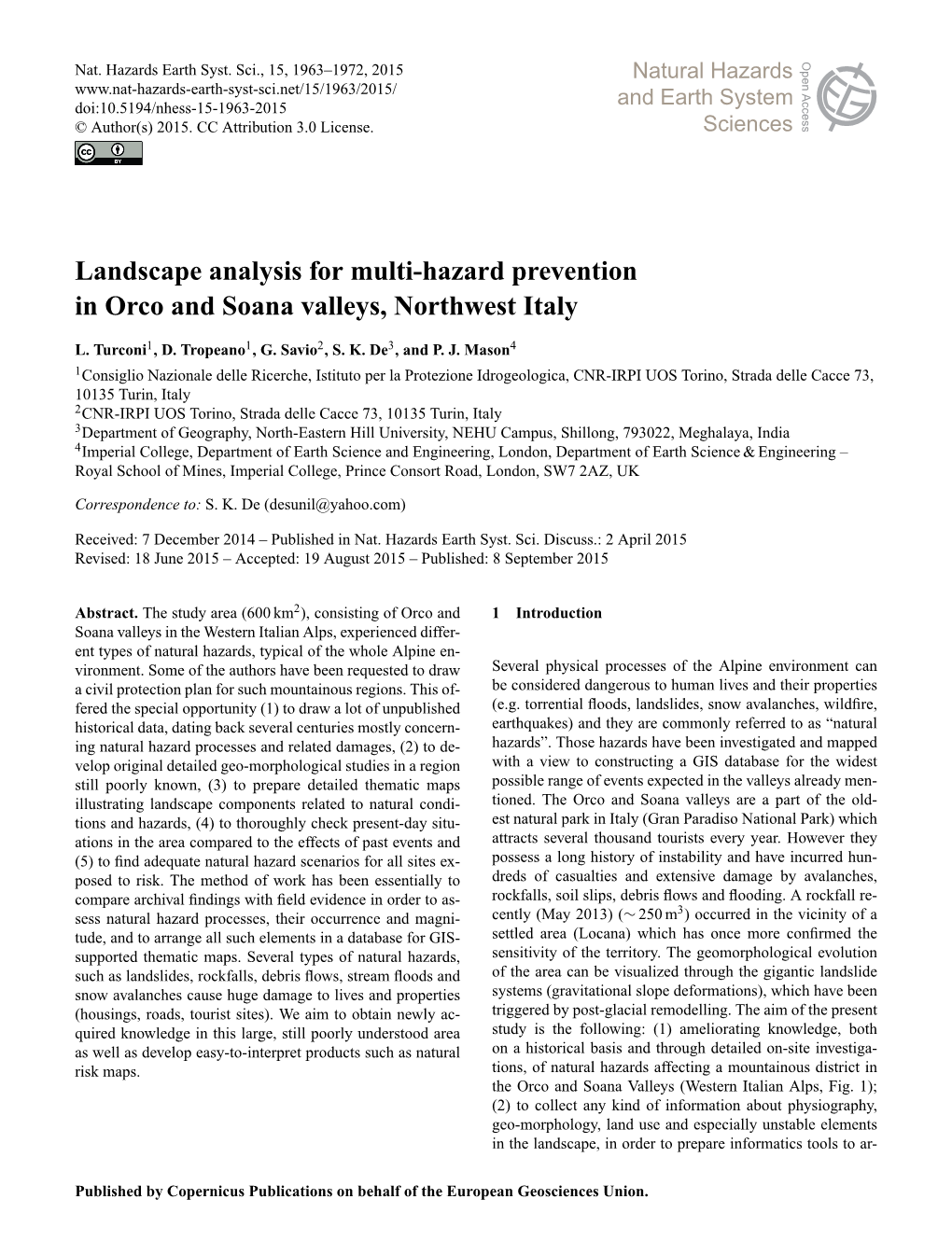 Landscape Analysis for Multi-Hazard Prevention in Orco and Soana Valleys, Northwest Italy
