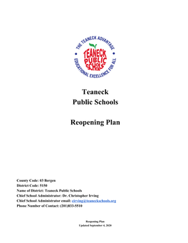 Teaneck Public Schools Reopening Plan