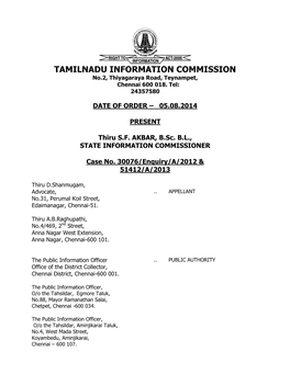 TAMILNADU INFORMATION COMMISSION No.2, Thiyagaraya Road, Teynampet, Chennai 600 018