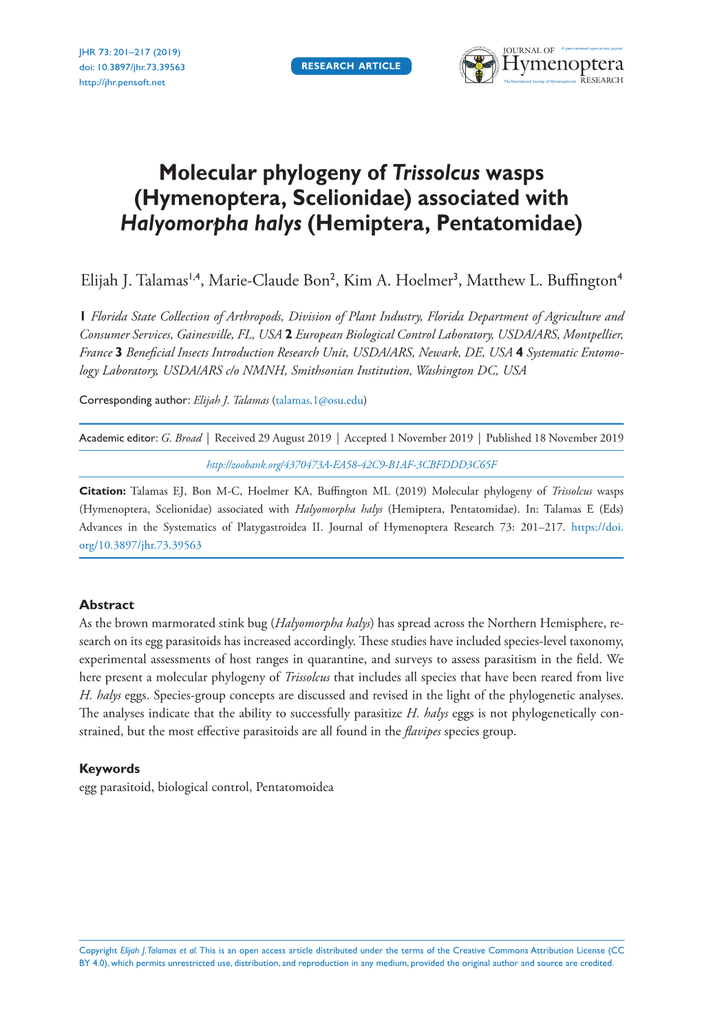 Molecular Phylogeny of Trissolcus Wasps, Natural Enemies of Stink Bugs 201 Doi: 10.3897/Jhr.73.39563 RESEARCH ARTICLE