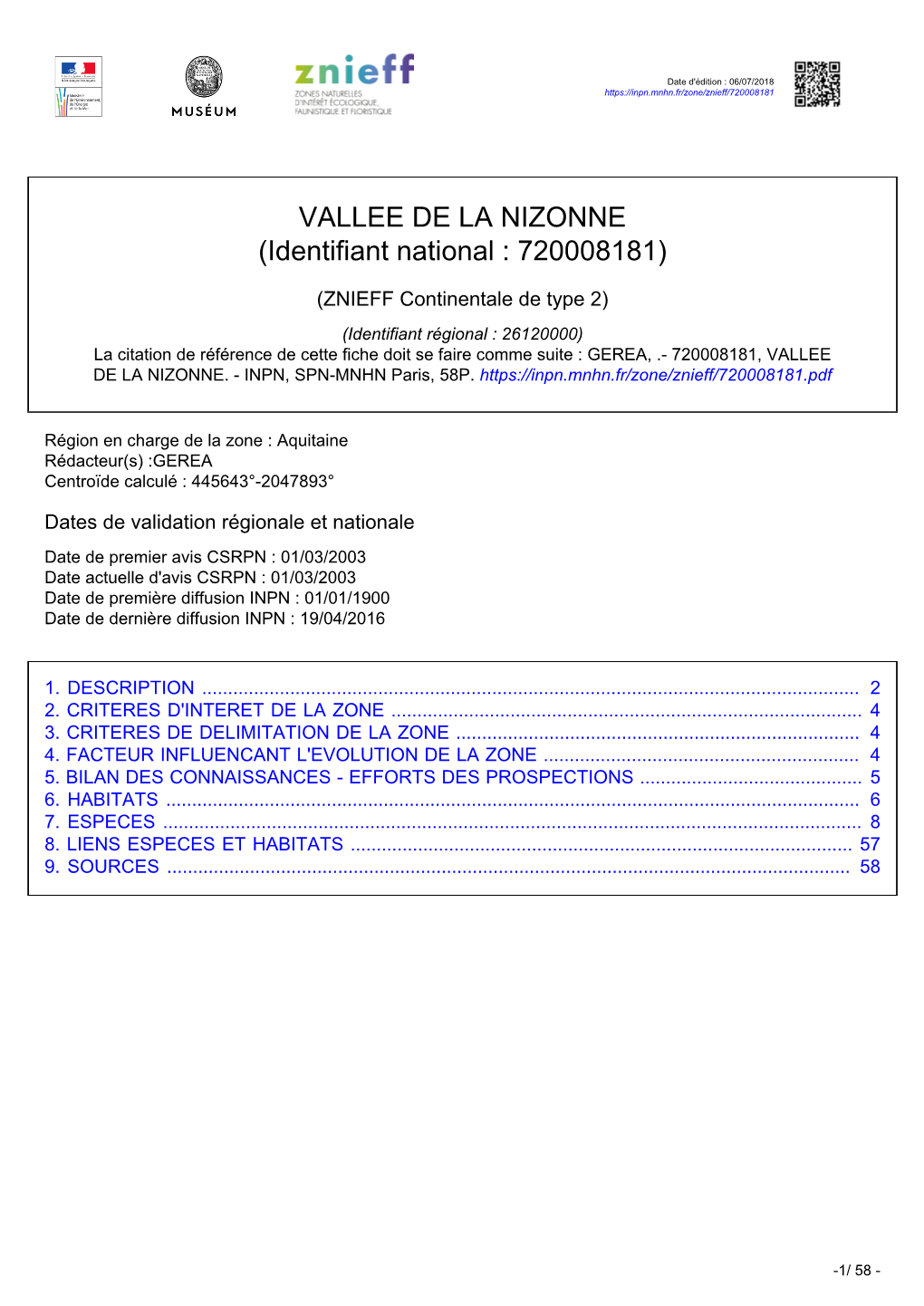 VALLEE DE LA NIZONNE (Identifiant National : 720008181)