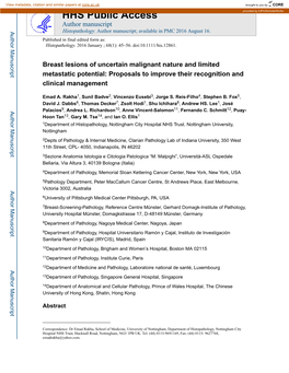 Breast Lesions of Uncertain Malignant Nature and Limited Metastatic Potential: Proposals to Improve Their Recognition and Clinical Management