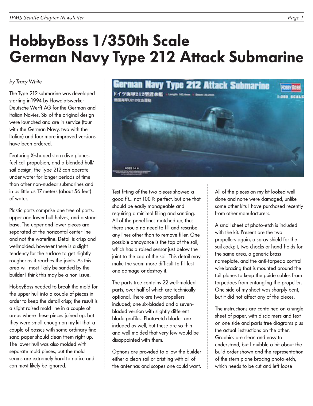 Hobbyboss 1/350Th Scale German Navy Type 212 Attack Submarine by Tracy White