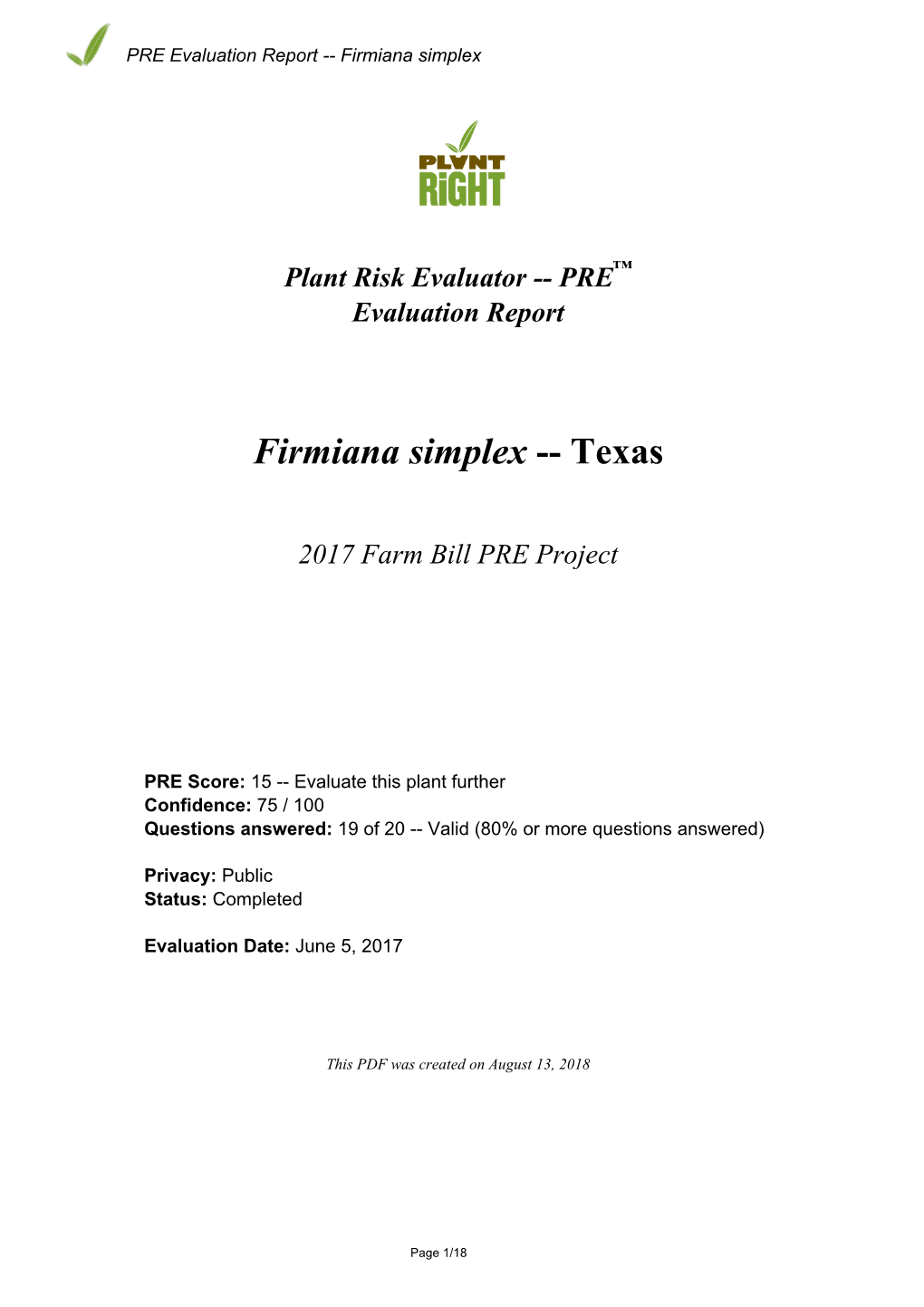 PRE Evaluation Report for Firmiana Simplex