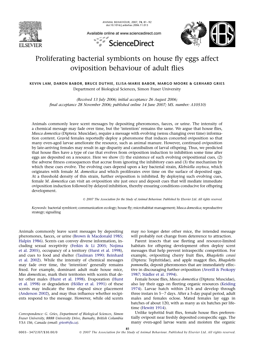 Proliferating Bacterial Symbionts on House Fly Eggs Affect Oviposition