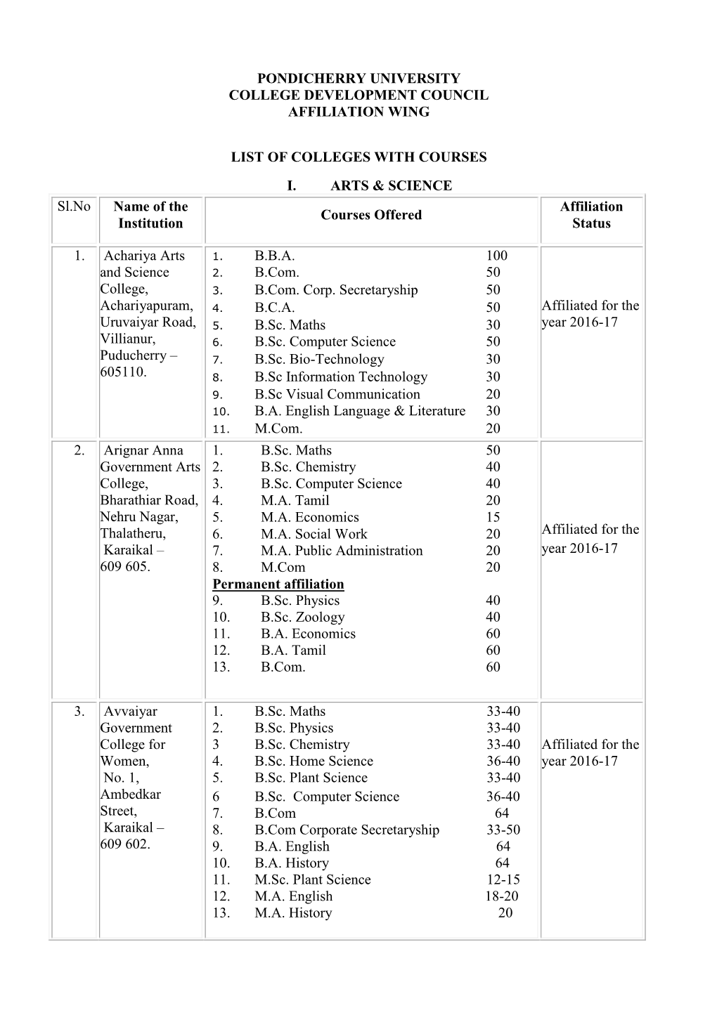 Pondicherry University College Development Council Affiliation Wing