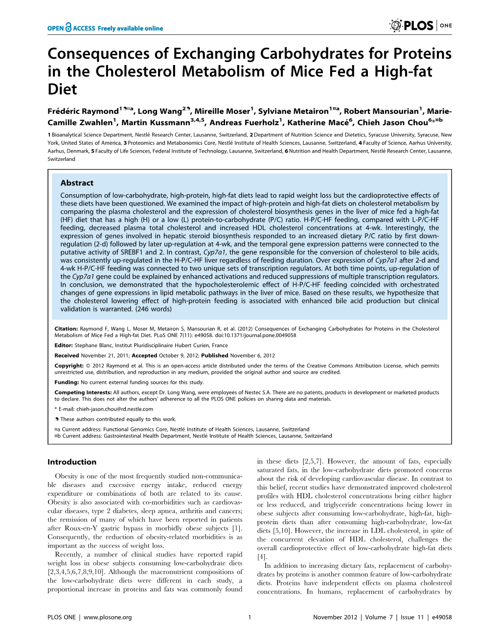 Consequences of Exchanging Carbohydrates for Proteins in the Cholesterol Metabolism of Mice Fed a High-Fat Diet