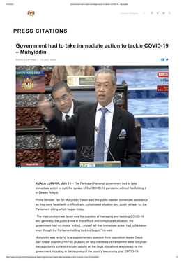 Government Had to Take Immediate Action to Tackle COVID-19 – Muhyiddin