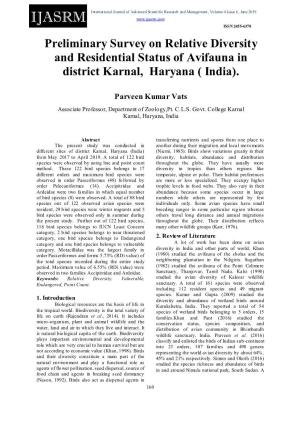 Preliminary Survey on Relative Diversity and Residential Status of Avifauna in District Karnal, Haryana ( India)