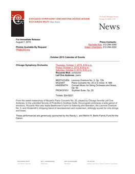 For Immediate Release: August 7, 2015 Press Contacts: Rachelle Roe, 312-294-3090 Photos Available by Request Eileen Chambers, 312-294-3092 PR@CSO.Org