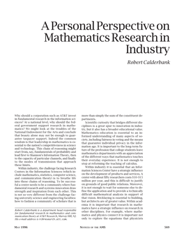 A Personal Perspective on Mathematics Research in Industry Robert Calderbank
