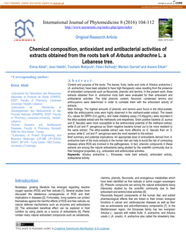Chemical Composition, Antioxidant and Antibacterial Activities of Extracts Obtained from the Roots Bark of Arbutus Andrachne L. a Lebanese Tree