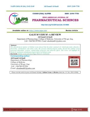 GALIUM VERUM -A REVIEW Ali Esmail Al-Snafi Department of Pharmacology, College of Medicine, University of Thi Qar, Iraq
