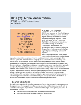 Global Antisemitism SPRING 2021– MWF 11:50 Am – 1 Pm 331 Old Main