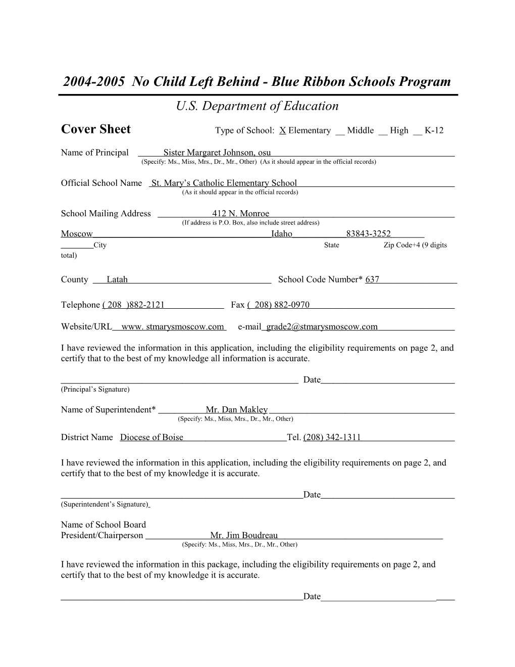 St. Mary's Catholic Elementary School Application: 2004-2005, No Child Left Behind - Blue