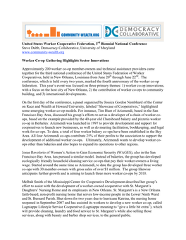 United States Worker Cooperative Federation, 3Rd Biennial National Conference Steve Dubb, Democracy Collaborative, University of Maryland