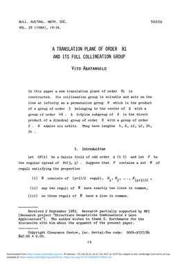 A Translation Plane of Order 81 and Its Full Collineation Group