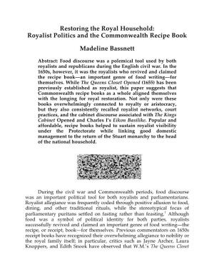 Restoring the Royal Household: Royalist Politics and the Commonwealth Recipe Book