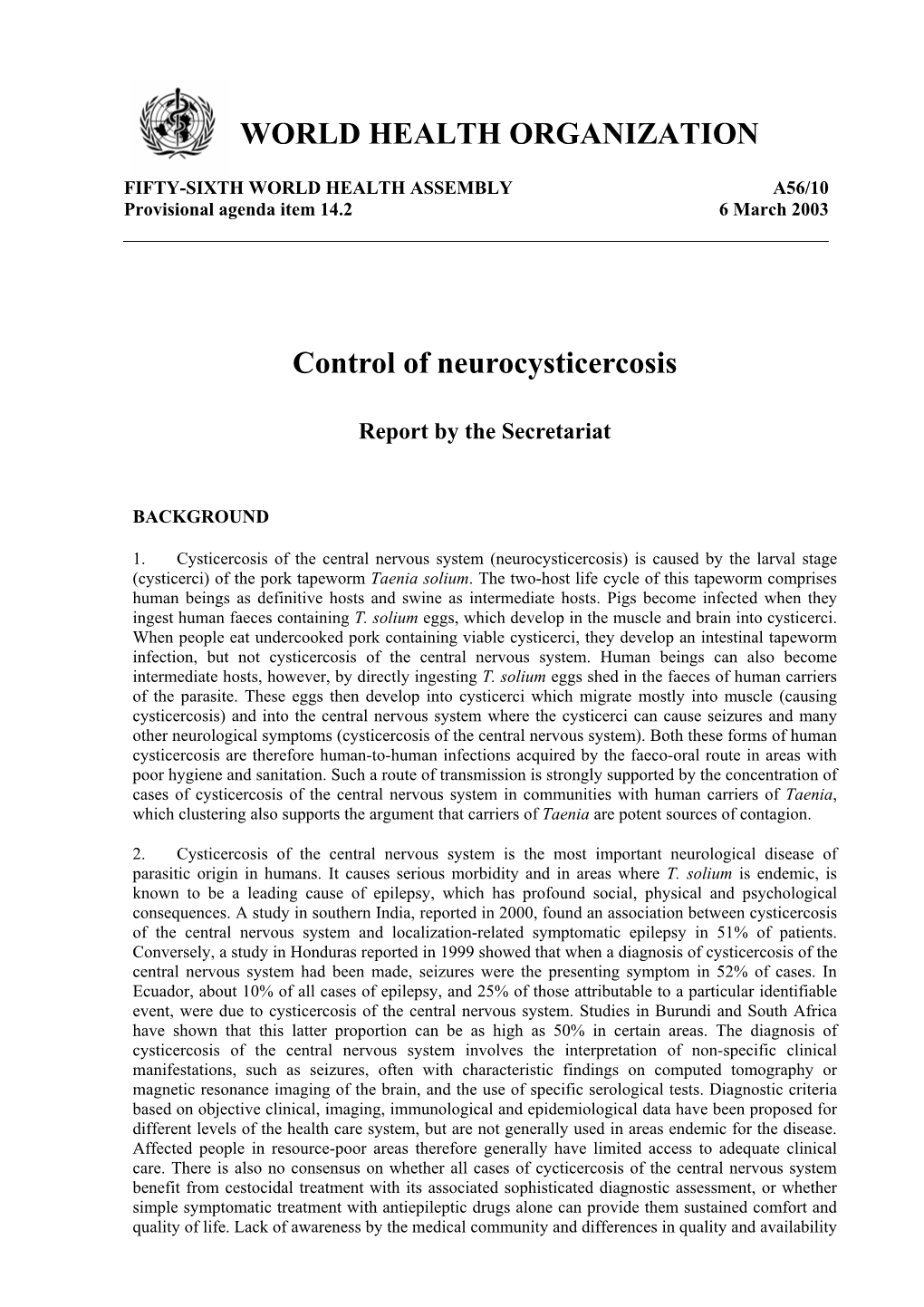 Control of Neurocysticercosis