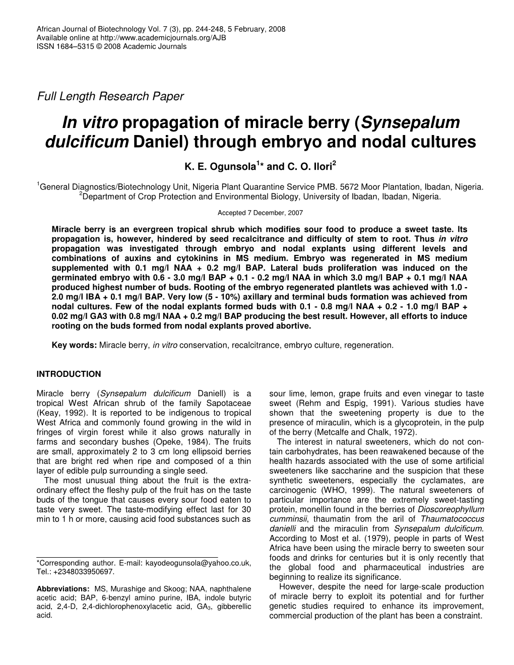 In Vitro Propagation of Miracle Berry (Synsepalum Dulcificum Daniel) Through Embryo and Nodal Cultures