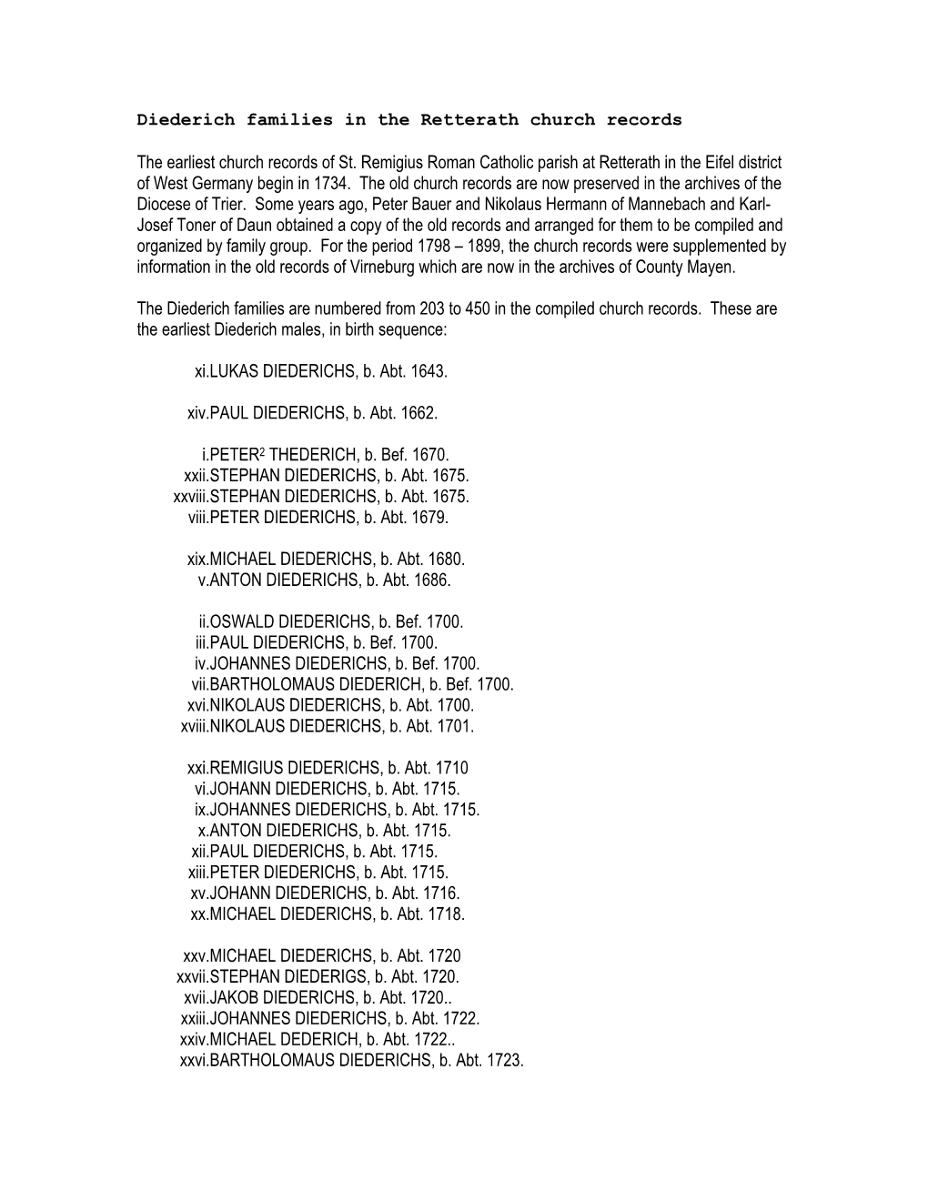 Diederich Families in the Retterath Church Records the Earliest Church