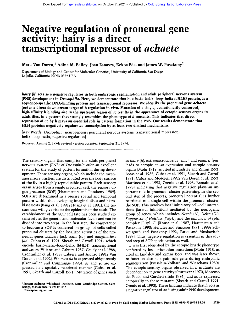 Negative Regulation of Proneural Gene Activity: Hairy Is a Direct Transcriptional Repressor of Achaete