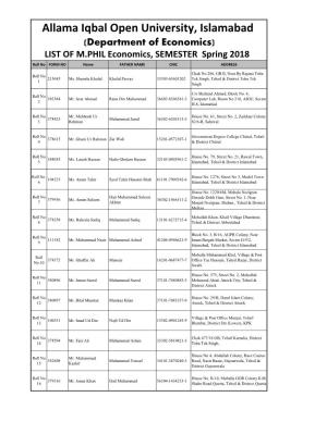 Allama Iqbal Open University, Islamabad (Department of Economics) LIST of M.PHIL Economics, SEMESTER Spring 2018 Roll No FORM NO Name FATHER NAME CNIC ADDRESS