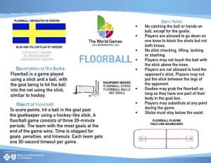 FLOORBALL ORIGINATED in SWEDEN Basic Rules • No Catching the Ball Or Hands on Ball, Except for the Goalie