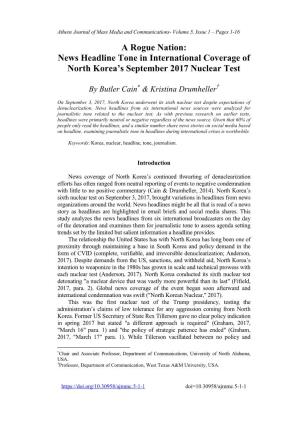 News Headline Tone in International Coverage of North Korea's September 2017 Nuclear Test