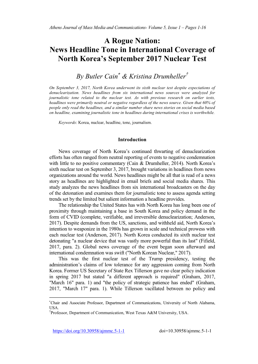 News Headline Tone in International Coverage of North Korea's September 2017 Nuclear Test