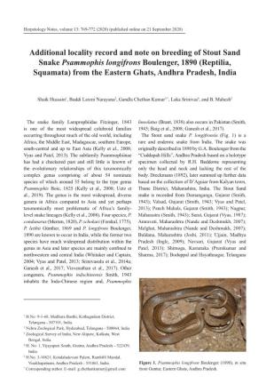 Additional Locality Record and Note on Breeding of Stout Sand Snake Psammophis Longifrons Boulenger, 1890