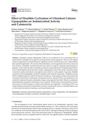 Effect of Disulfide Cyclization of Ultrashort Cationic Lipopeptides on Antimicrobial Activity and Cytotoxicity