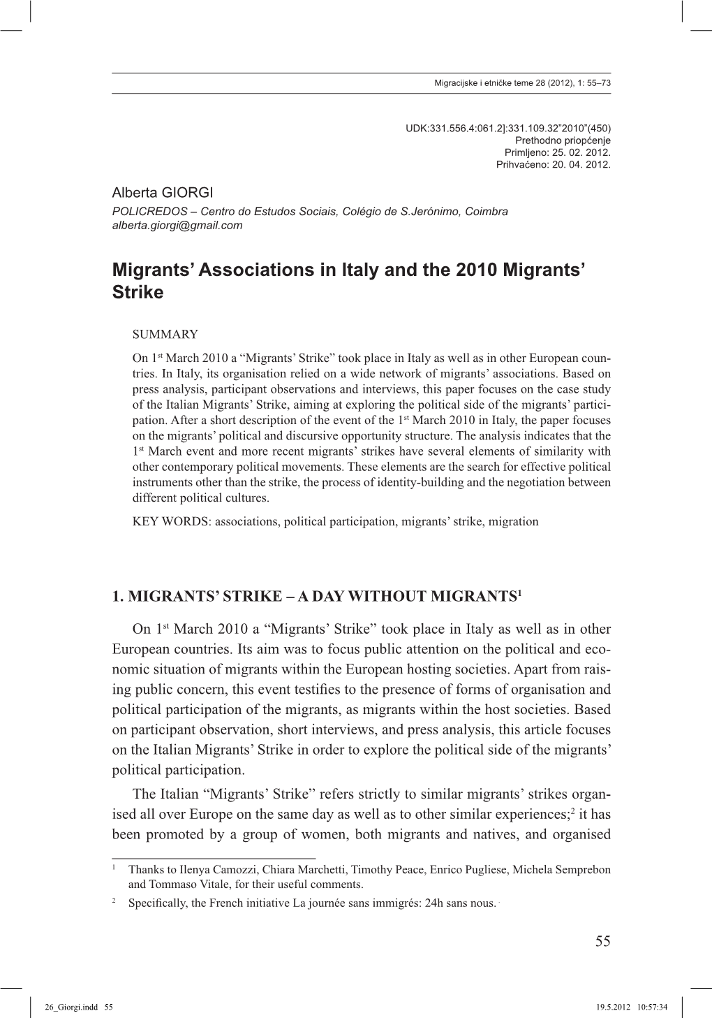 Migrants' Associations in Italy and the 2010 Migrants' Strike