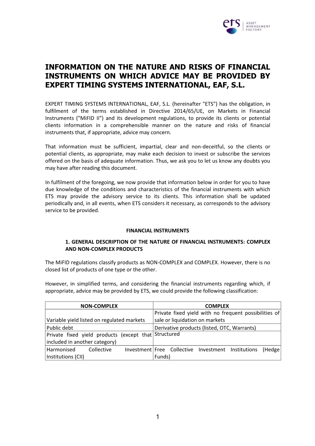 PDF Information on the Nature and Risks of Financial Instruments On