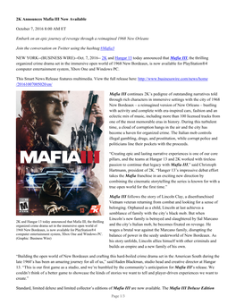 2K Announces Mafia III Now Available October 7, 2016 8:00 AM ET