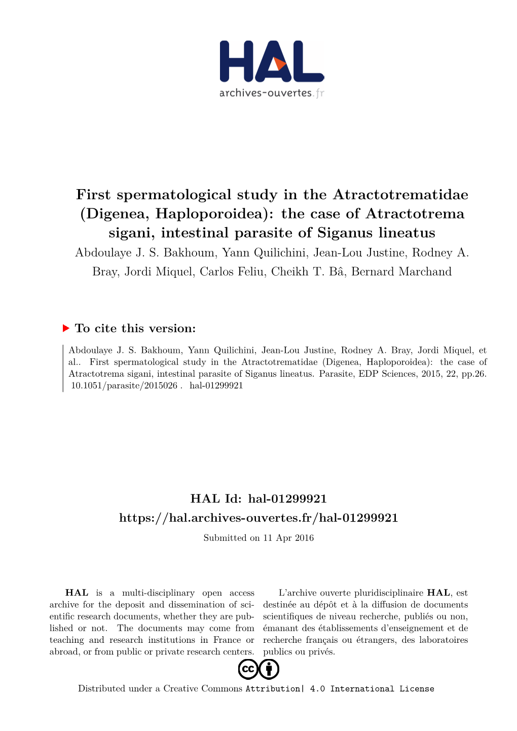 Digenea, Haploporoidea): the Case of Atractotrema Sigani, Intestinal Parasite of Siganus Lineatus Abdoulaye J