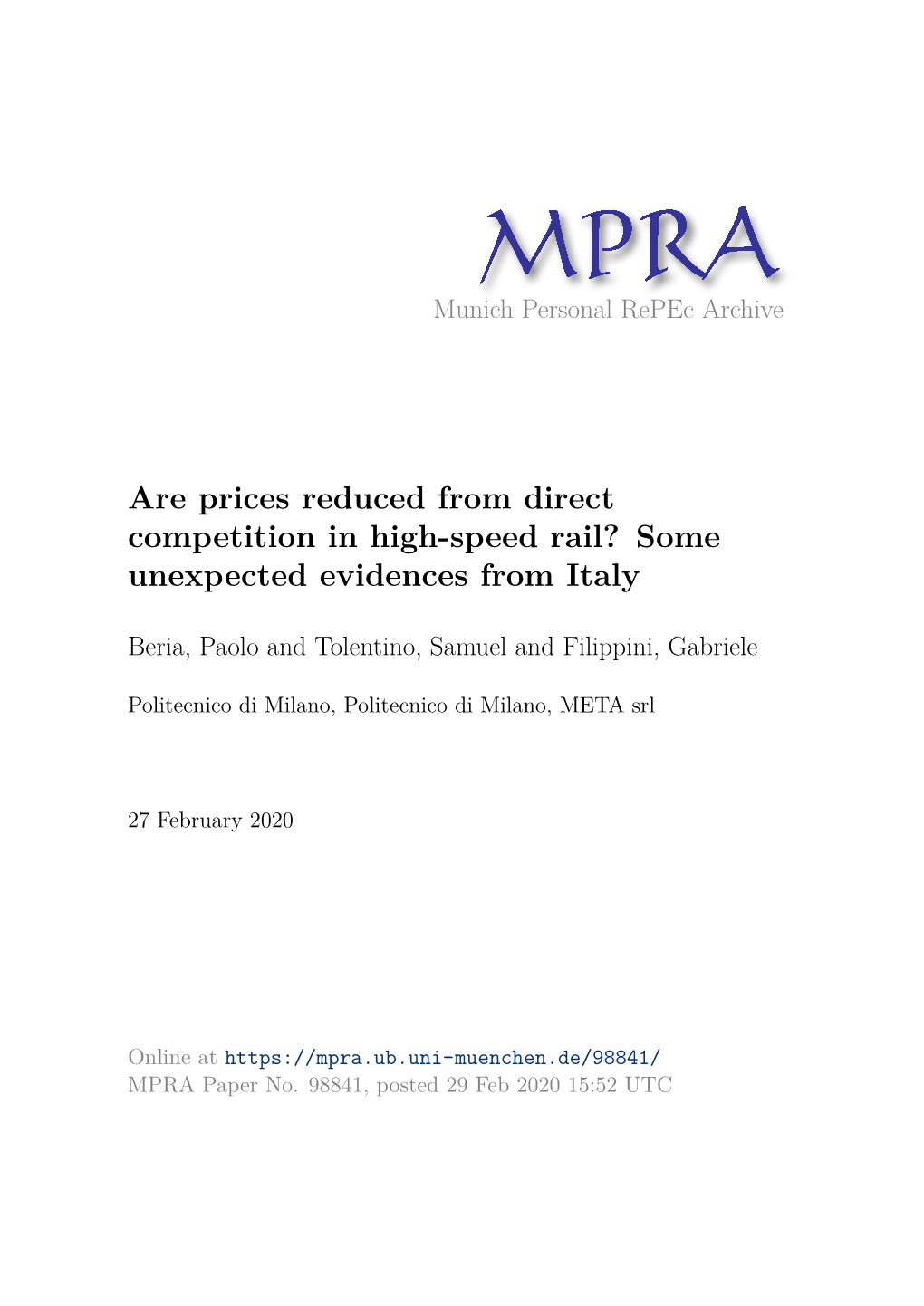 Are Prices Reduced from Direct Competition in High-Speed Rail? Some Unexpected Evidences from Italy