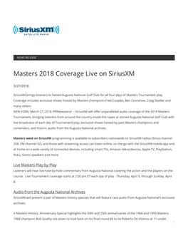 Masters 2018 Coverage Live on Siriusxm