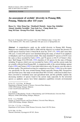 An Assessment of Orchids' Diversity in Penang Hill, Penang, Malaysia After