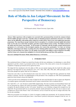 Role of Media in Jan Lokpal Movement: in the Perspective of Democracy