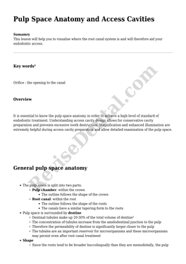 Pulp Space Anatomy and Access Cavities